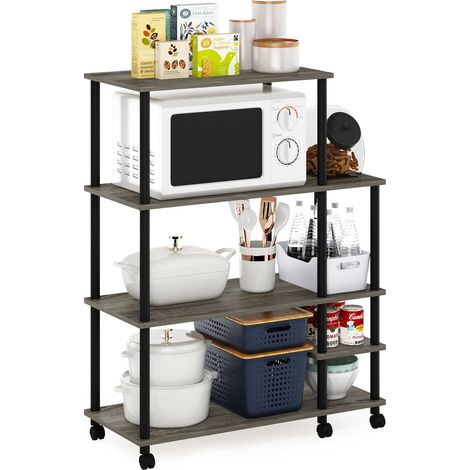 Chariot de Rangement de Cuisine sans Outil à 4 Niveaux Large, Engineered Wood, Chêne Français Gris/Noir, 39,6 (P) x 89,4 (L) x 117,1 (H) cm (1/5)