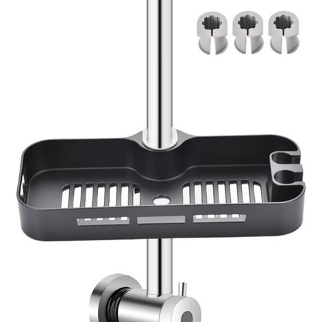 Étagère de Douche, Étagère Douche pour barre de Douche de 22-25mm, Étagère de Rail de Douche avec 2 Crochets and Support de Pommeau,(Noir) (1/5)