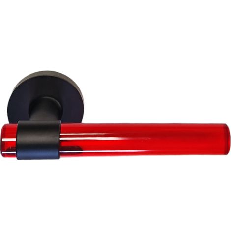 Maniglie delle porte in cristallo di plexiglas rosso “JOY” su gambe in acciaio inox nero. Senza rosette di funzione