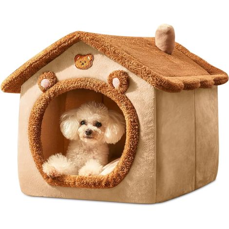 Caseta para perros plegable para interiores, cálida y cómoda, con cojín extraíble, para perros, gatitos y conejos (marrón, M) (1/5)