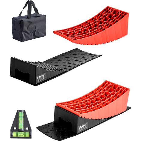VEVOR Cale de Roue pour Caravane 2PCs, Bloc de Nivellement pour Camping-car Capacite de 4 T, Hauteur Maximale de 12 cm, Niveleurs Incurves Robustes avec Tapis Antiderapant, Sac de Transport, Rouge