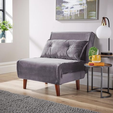 Single Sofa Bed Folding Chair Velvet Grey Wooden Legs One Pillow Home Furniture (1/5)