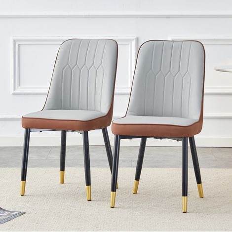 Lot de 2 chaises de salle à manger PU bicolore gris clair et marron, pieds métal noirs HAVRYA (1/5)