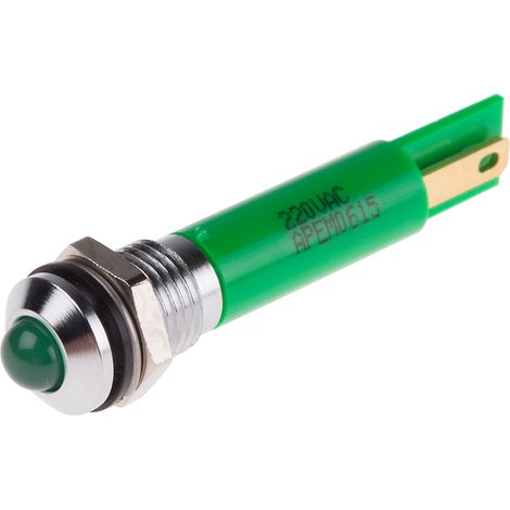 Voyant LED lumineux Vert RS PRO, dia. 8mm, 220V c.a., IP67 ( Prix pour 1 ) (1/2)