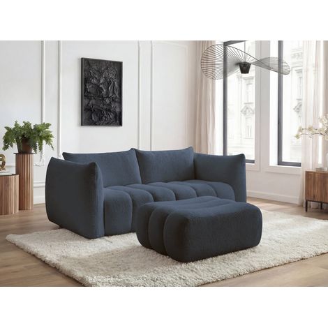 BOBOCHIC - Canapé droit fixe 3 places AZRA tissu bouclette avec pouf Bleu foncé (1/5)
