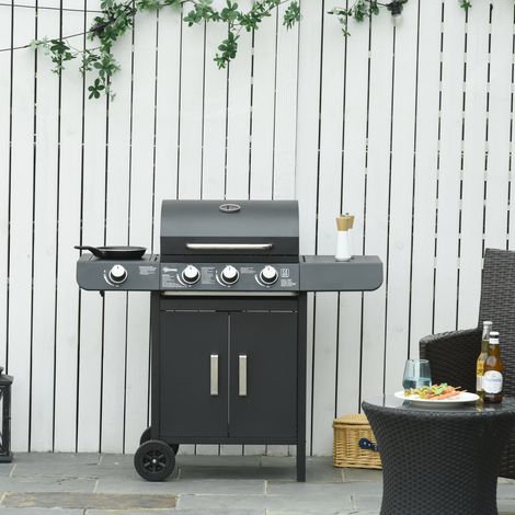 Barbecue a Gas con Coperchio, 4 Bruciatori da 11.6kW, Fornello, Mensola e 2 Ruote, 110x50x100cm Nero