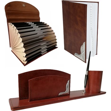 Set da scrivania ufficio Agenda rubrica telefonica portadocumenti organizer soffietto 12 tasche in pelle con placca in argento (1/5)