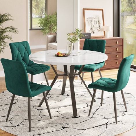 Ensemble de salle à manger 100 cm avec table ronde effet marbre et 4 chaises ergonomiques en suédine verte, pieds de table en métal noir, design moderne (1/5)