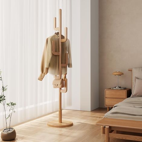 Coat Rack, Wooden Entrance Garment Rack, Cactus with 3 Height Options and 8 Hooks, Free Standing Coat Rack for Clothes/Bags/Hats, Wood (1/5)