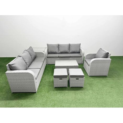 Fimous 9 Seater Poly Rattan Outdoor Garden Furniture Sofa Set Patio 3 Seater Sofa Reclining Chair 3 Seater Sofa Stools Side Table Light Grey (1/5)