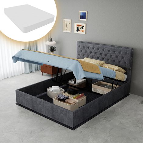 Lit moderne minimaliste et moelleux, tête de lit confortable et douce, 140200CM, gris, meuble de chambre multifonctionnel, sommier haut avec tige pneumatique, matelas 140200cm inclus. (1/5)