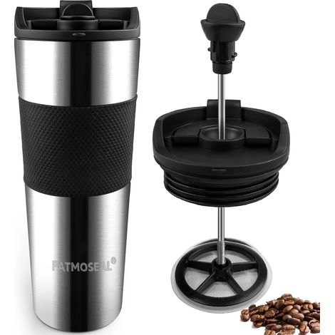 Tasse de voyage isotherme à piston étanche – Cafetière portable sous vide – 3 tasses pour voyage, camping – 450 ml (argenté) (1/5)