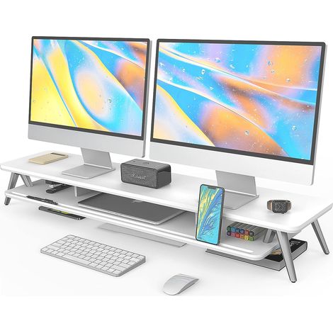 Fenge Dual Monitorständer mit Telefon/Pad Halter, 2 Etagen Groß Multifunktionaler Computer Laptop Bildschirm Riser 108x23,5x14,5cm Weiß (1/5)