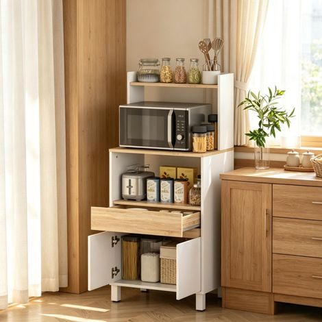 Meuble micro-ondes blanc 60 x 40 x 131 cm avec étagères et placard HAVRYA (1/5)