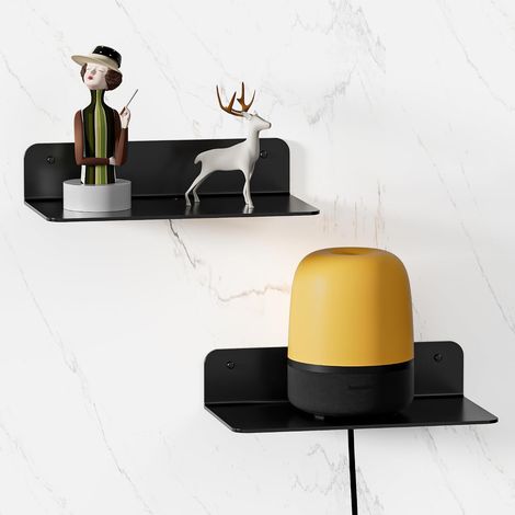 Lot de 2 Petite Etagere Murale Noir, 23cm Mini Étagère sans Percer Aluminium Étagère Murale Adhesive, Antirouille, Trous de Câble-Caméra/Enceint,Adhésive ou Perçage, pour Salon, Salle de Bain (1/5)