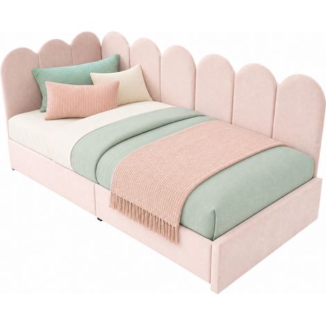 Lit banquette 90x200 avec 2 tiroirs, velours rose, sommier à lattes inclus, dossier rembourré et côtés interchangeables pour chambre ado compacte – CHICFURN (1/5)
