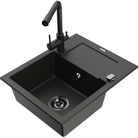 Mexen Enzo lavello in granito a 1 vasca con scolapiatti e rubinetto cucina Duero, nero/oro metallizzato - 6506-75-671600-70-B (1/5)