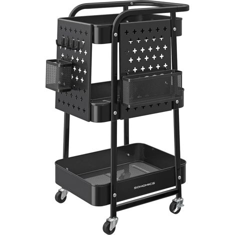 Carrello portaoggetti 3 ripiani in rete metallica 2 pannelli forati estraibili 2 ripiani appendiabiti 4 ganci per ufficio cucina soggiorno bagno nero 120005011