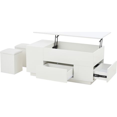 Höhenverstellbarer Couchtisch 100x50x45 cm mit LED, 2 Schubladen und 2 Hockern, Weiß (1/5)