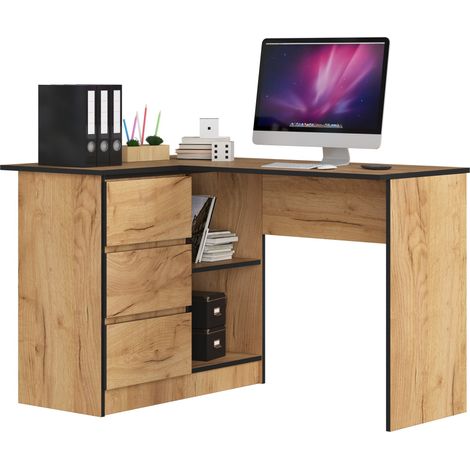 Akord – Bureau d'angle gauche 124 cm – 3 tiroirs et 2 étagères – Panneau stratifié Chêne Craft – Dimensions 124x85x77 cm