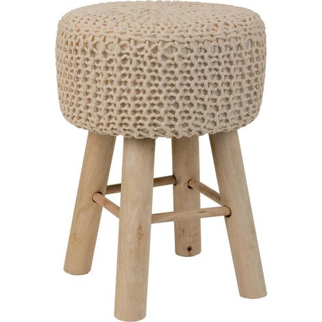 Taburete de madera y algodón trenzado marrón 32x32x44