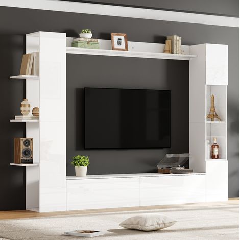 REDOM - Meuble TV mural 228x30x170 cm, rangement double face, étagères ouvertes, portes abattantes, panneau de particules blanc (1/5)