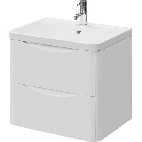Vela Gloss White 600mm Wall Mounted 2 Drawer Vanity Unit with Anya Basin