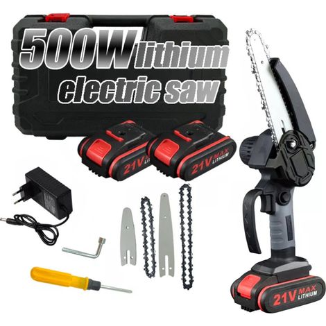 Mini tronçonneuse 4 pouces 6 pouces tronçonneuse portable avec verrouillage de sécurité 2 chaînes tronçonneuse électrique à piles rechargeable 21 V sans fil pour les branches coupe de bois coupe d'arb (1/5)