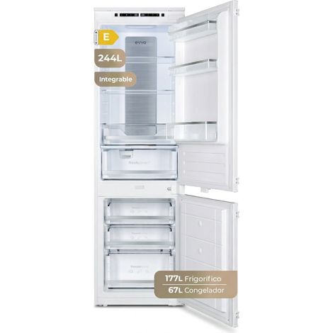 EVVO Frigorífico combi integrable Fi62, 151L frigorífico + 67L congelador, cajón Chiller Zone, No Frost, funciones ECO y Vacaciones, congelación rápida, silencioso, diseño integrable premium