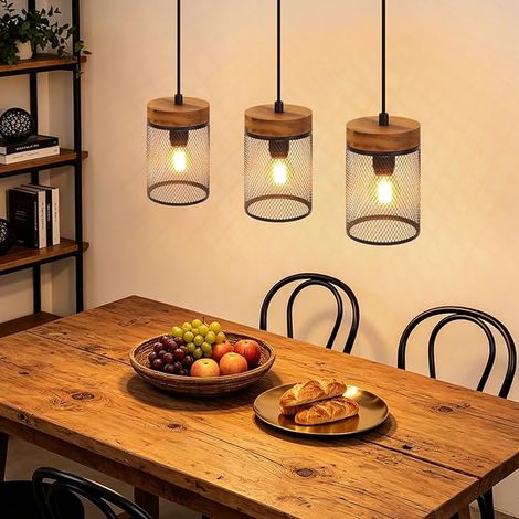 GBLY Pendelleuchte Esstisch Holz Schwarz Vintage Hängelampe 3 flammig E14 Hängeleuchte im Industrial Style Esstischlampe Retro Pendellampe für Wohnzimmer Esszimmer Küche Ohne Leuchtmittel