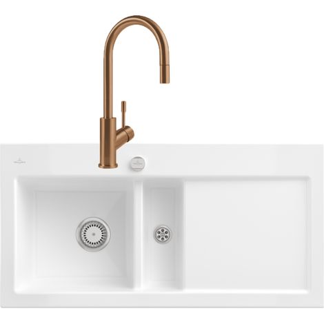 VILLEROY ET BOCH Subway Pure 60 fregadero desagüe derecho desagüe automático + grifo de cocina Umbrella Flex Bronze
