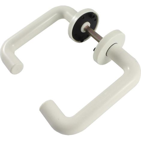 KORMAX manilla poliester blanca con placa , Juego de manillas PVC blancaDiámetro de placa 5 cmManilla 13 cmNo incluye el picaporte.
