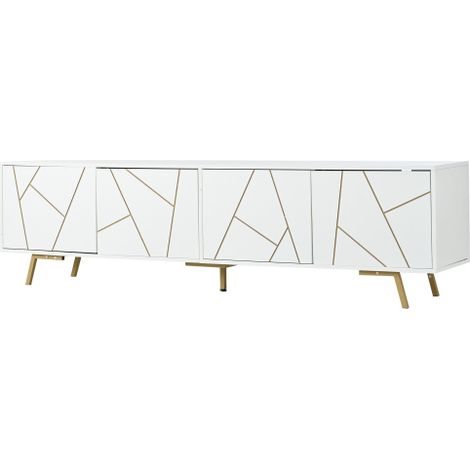 Meuble bas design luxe blanc doré, structure 4 portes et pieds métal (1/5)