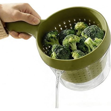 Colador con cuenco - Cesta de escurrido para cocina - Lavado de verduras - Mecanismo de escurrido de doble capa - 20 x 13,5 x 12 cm - Verde (1/5)