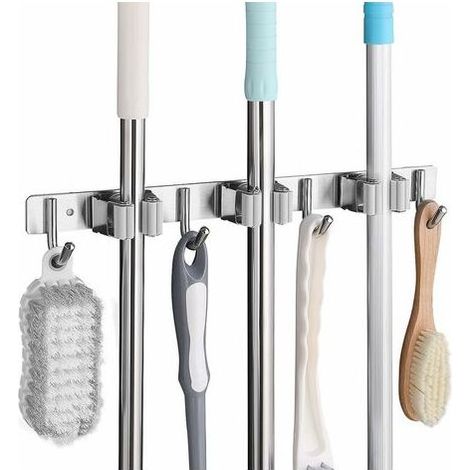 Wandmontierter Besenhalter aus Edelstahl 304 – 3 Schlitze und 4 Haken – Montage durch Kleben oder Bohren – Tragkraft 15 kg pro Haken (1/2)