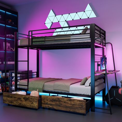 Letto a castello in metallo 90x200 cm con scrivania, illuminazione a LED e cassetti contenitore, testato secondo la norma EN747, portata massima 250 kg per livello. (1/5)