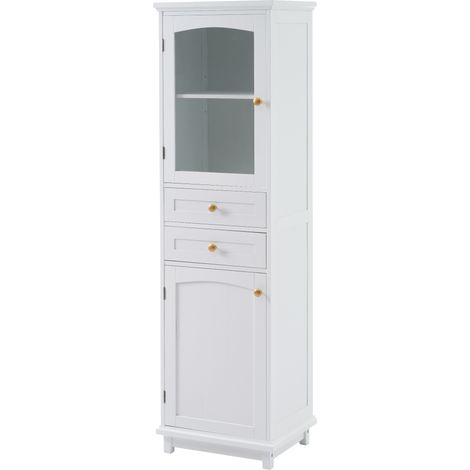 CAIziMeuble de salle de bain 45 x 36 x 160 cm, portes vitrées, deux armoires, deux tiroirs, étagères réglables, poignées dorées, glissières inférieures des tiroirs, blanc