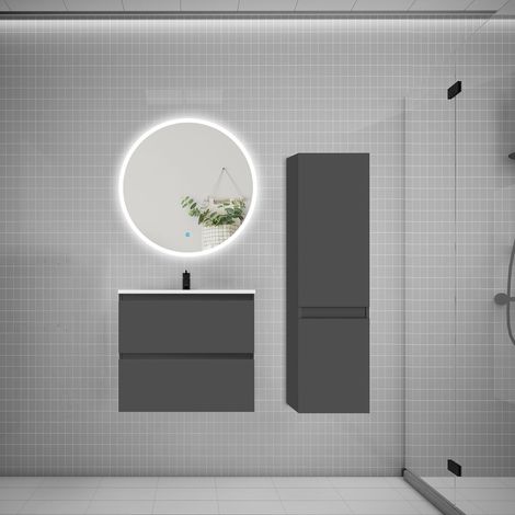 Ensemble meuble vasque L.60cm 2 tiroirs + lavabo + LED miroir rond 70cm + colonne B,anthracite