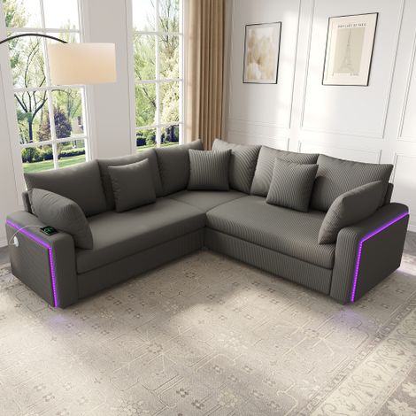Canapé d’angle modulable 5 places en velours côtelé avec led et ports usb/usb-c gris, 198x198x83 cm (1/5)