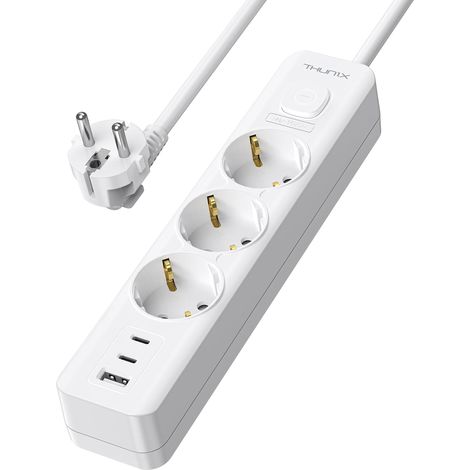 Multiprise USB C,3 Prises avec 3 Ports USB Chargeur de Voyage, Multiprise Electrique(3680W 16A) avec Interrupteur Cable 1,8m pour Smartphone Tablette-Blanc (1/5)