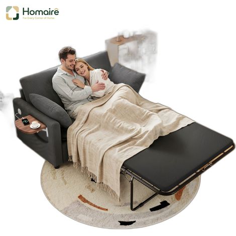 Canapé en velours côtelé gris avec couchage coulissant, accoudoirs et port USB 134 x 82 x 84 cm HOMAIRE (1/5)