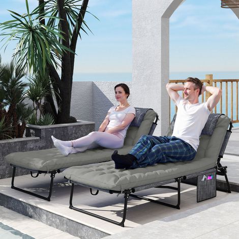 Lot de 2 transats bains soleil de pliable avec dossier inclinable 4 positions - appui-tête et matelas épais