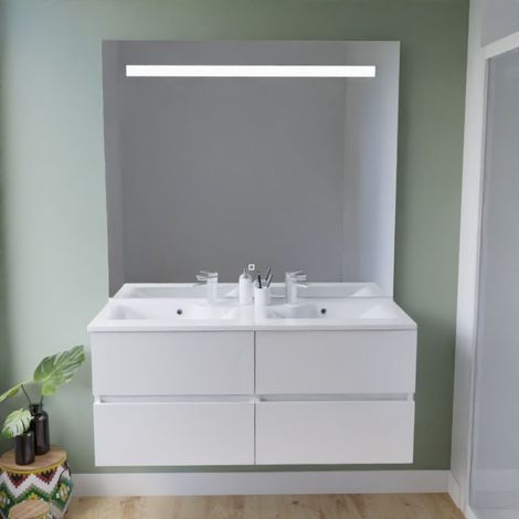 Meuble double vasque 120 cm ROSALY INOX + miroir Elégance ht105- Blanc- Plan vasque en Résine