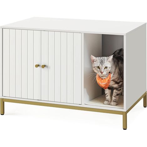 Feandrea – Maison de toilettes pour chat avec tapis à griffer – Dimensions 80 x 50 x 55 cm – Panneau d’aggloméré et acier – Blanc et doré (1/5)