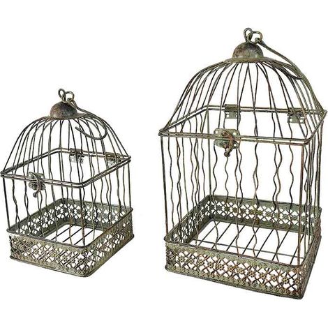 Ensemble 2 cages carrées suspendues vert patiné 18x18x40cm
