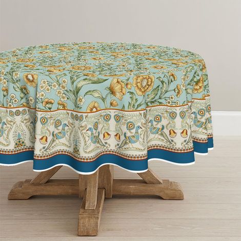 Nappe ronde de 140 cm, motif paons, fleurs, feuilles, style maison de campagne, protection anti-taches, pour cuisine, décoration de fête, style bohème vintage (1/5)