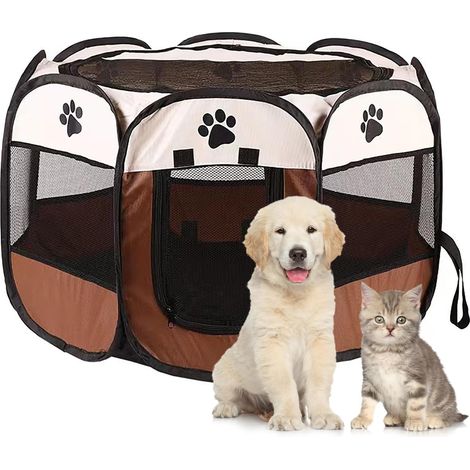 Clôture Portable pour Chien, Parc pour Chien Produits pour l'intérieur et l'extérieur, Toile Oxford imperméable Parc pour Chiots, Convient aux Petits Chats, Chiens, Lapins (Marron) (1/5)