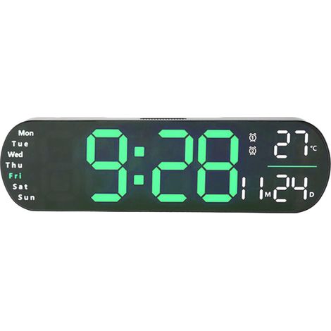 Horloge murale numérique avec télécommande, grand écran LED, 8 couleurs d'éclairage réglables, alarme numérique pour salon et chambre (vert). (1/5)
