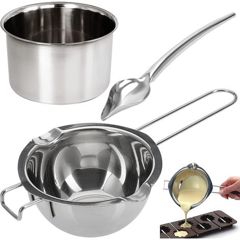 Bain-marie en acier inoxydable - Bol de cuisson à fusion - Fond plat - Cuillère à chocolat - Filtre pour chocolat, fromage, sucre, beurre, fromage, caramel, bougies - 480 ml (1/5)