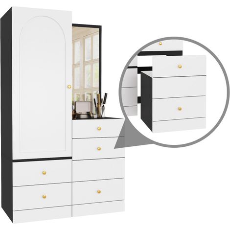 VVBV Armoire de rangement, tiroirs, miroir, 90 x 50,5 x 160 cm, Black,White, en MDF, organisation pratique du rangement (1/5)